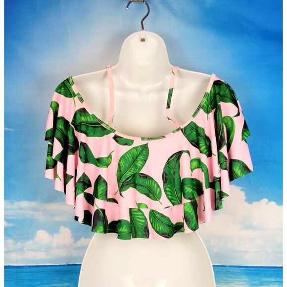 PINK with Green Fern print OFF/COLD Shoulder RUFFLE removable adj straps size Sm - Picture 5 of 7